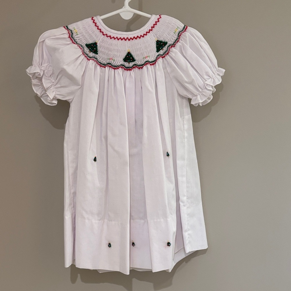 Rosalina Collections White Smocked Kids Dress with Christmas Trees; Size 12M